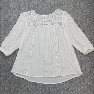 Anthropologie Fig & Flower Top Womens Medium White Lace Trim Gauzy Boho Peasant